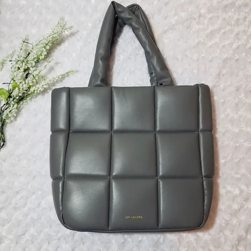 Like Dreams Grey quilted puffer shoulder tote bag travel vacation oversize purse